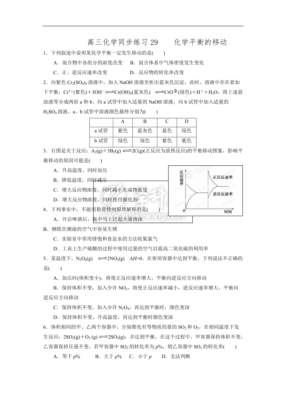 福建省高三化学一轮复习普通班练习29：化学平衡的移动doc_第1页