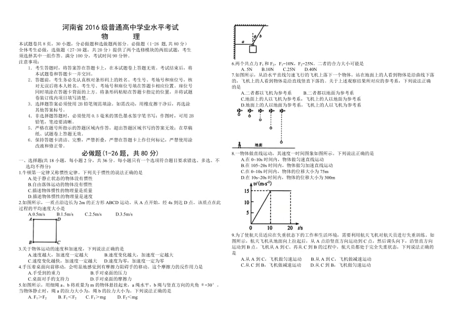 河南省2016级普通高中学业水平考试物理试题_第1页