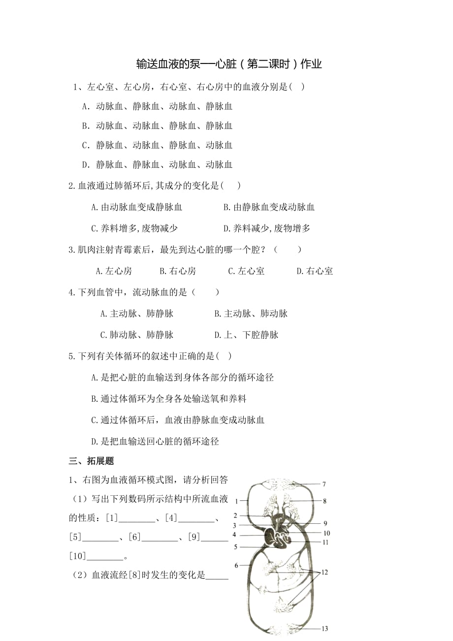 生物人教版七年级下册输送血液的泵—心脏 作业_第1页