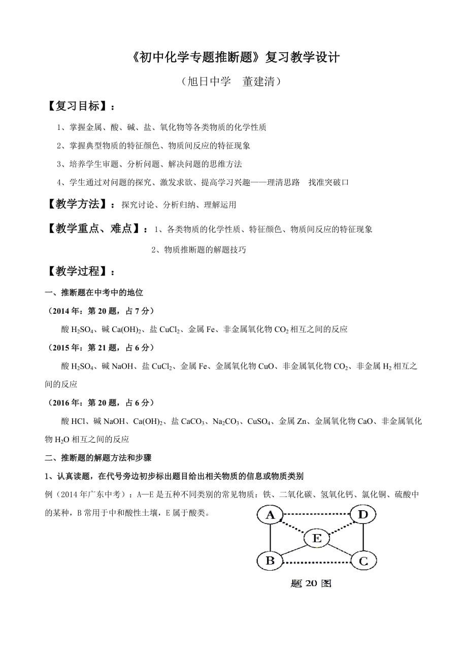 化学人教版九年级下册初中化学专题推断题的教学设计_第1页