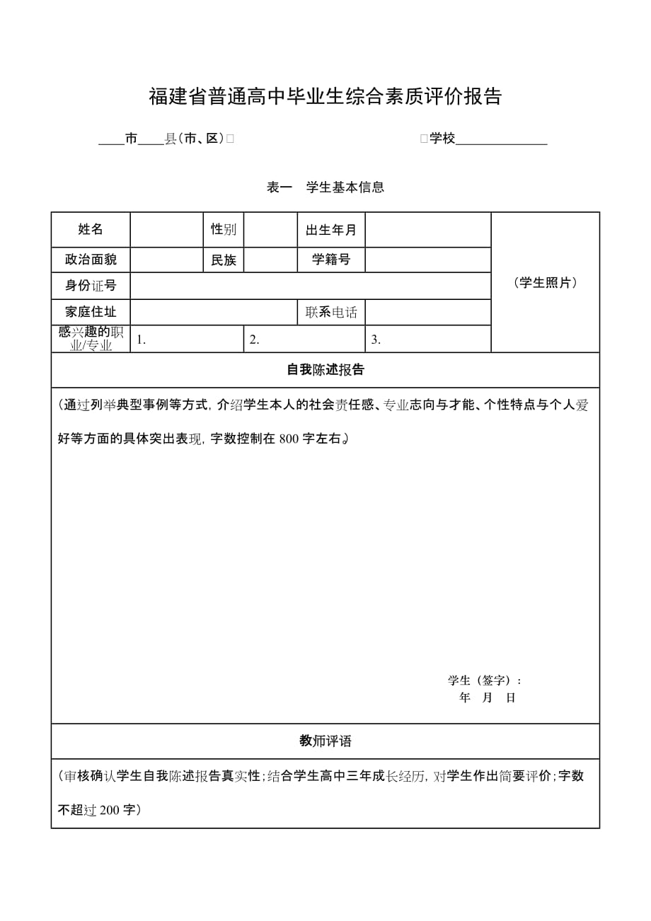 福建普通高中毕业生综合素质评价报告(同名7924)_第1页