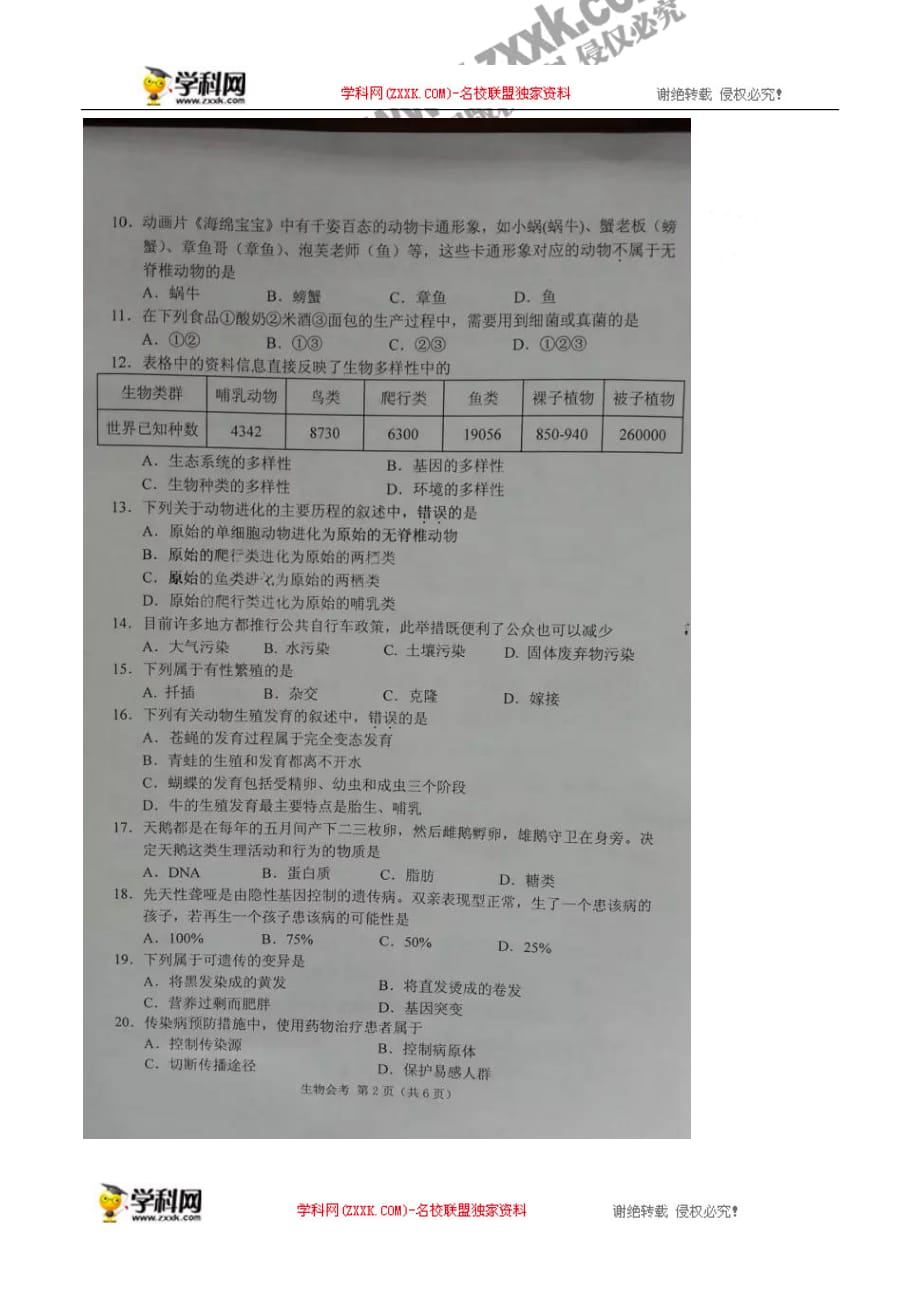 中考精英生物人教版课件江苏省常州市2016年初中会考生物试题（图片版含答案）_第2页