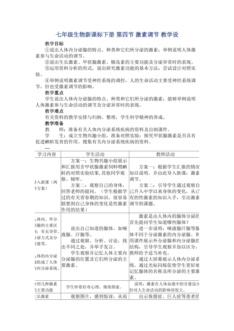 生物人教版七年级下册激素调节 教学设计_第1页