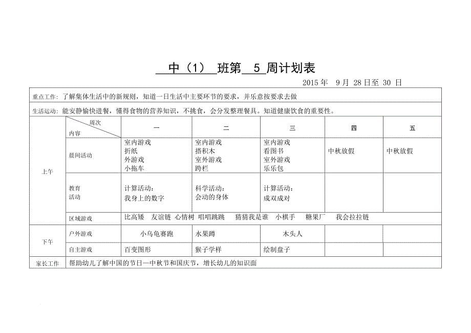 幼儿园上学期中班周计划(同名1237)_第5页