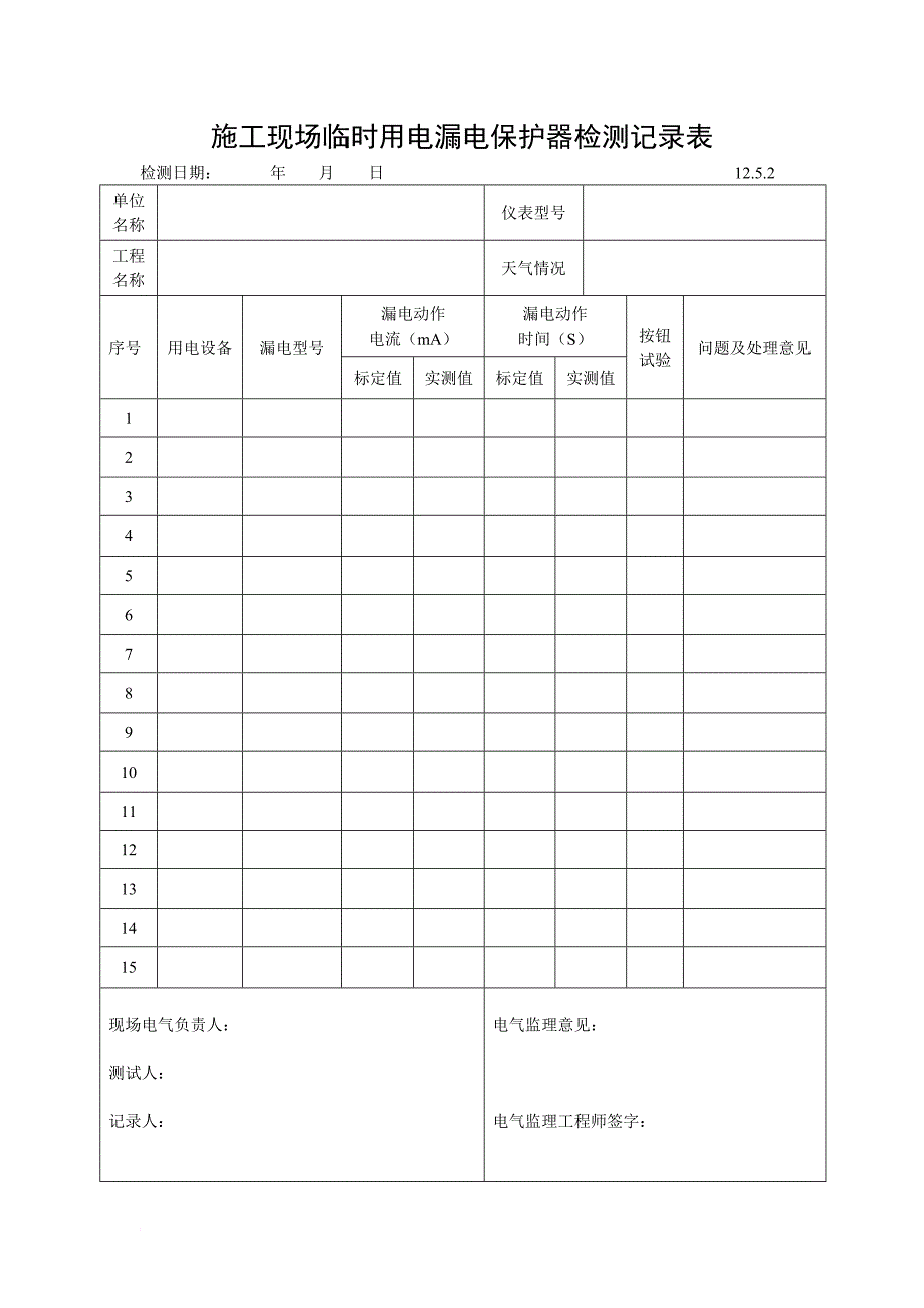施工现场临时用电漏电保护器检测记录表_第1页