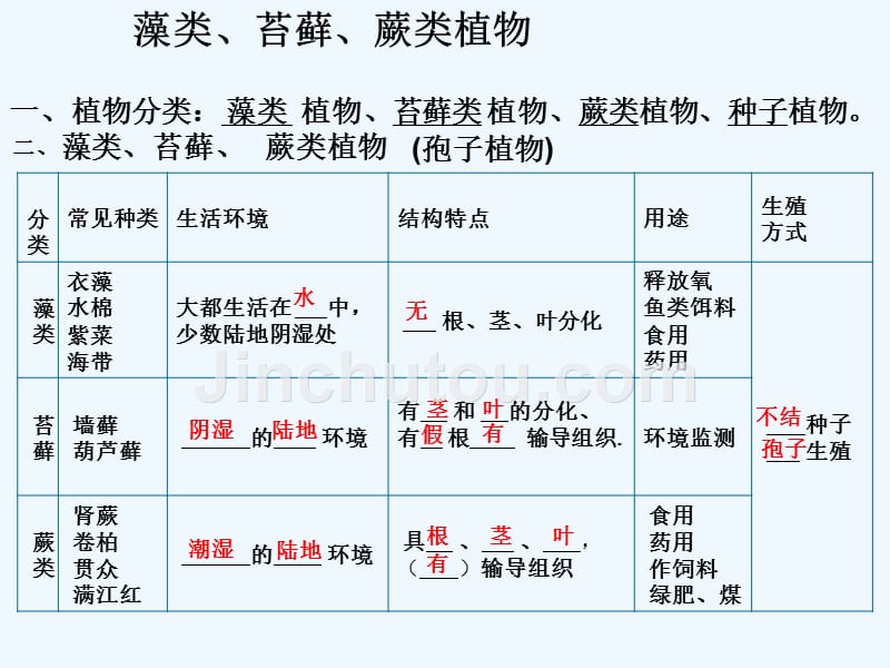 生物人教版七年级上册藻类蕨类苔藓植物_第3页