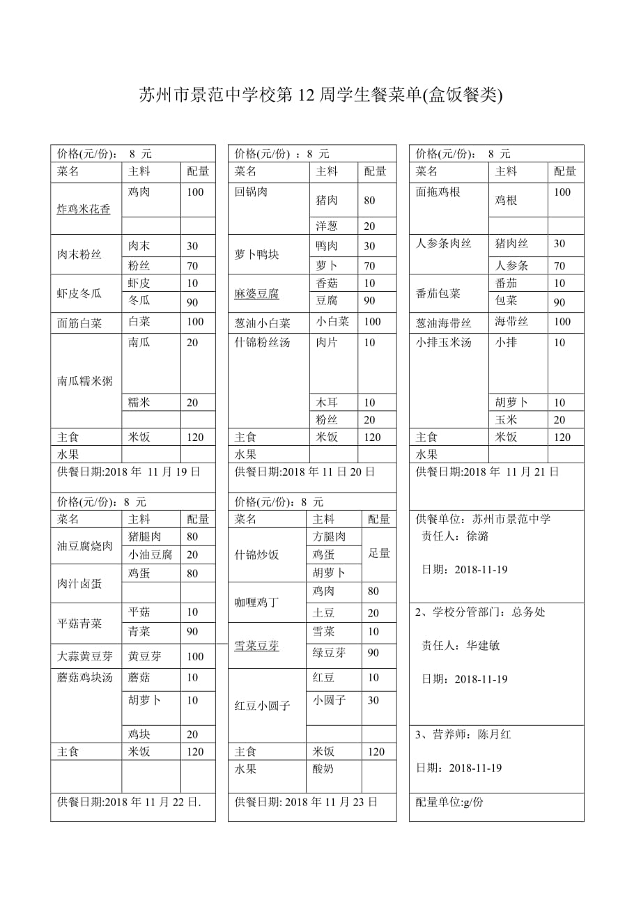 苏州市景范中学校第12周学生餐菜单（盒饭餐类）_第1页