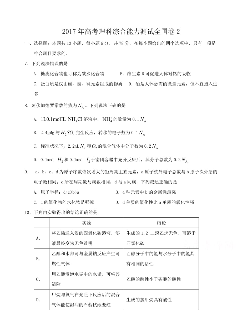 2017年全国高考理综试题(化学部分)及答案-全国卷2.doc_第1页