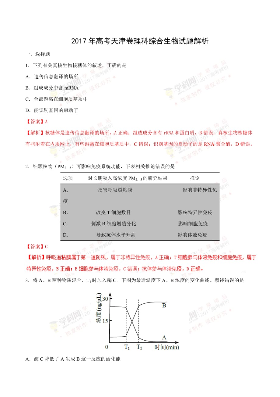 2017年高考天津卷理综生物试题解析.doc_第1页