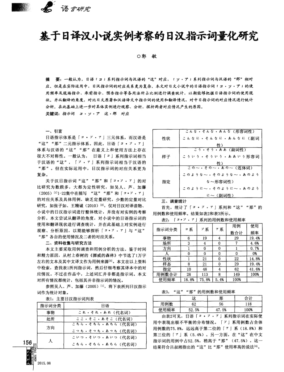 基于日译汉小说实例考察的日汉指示词量化研究_第1页
