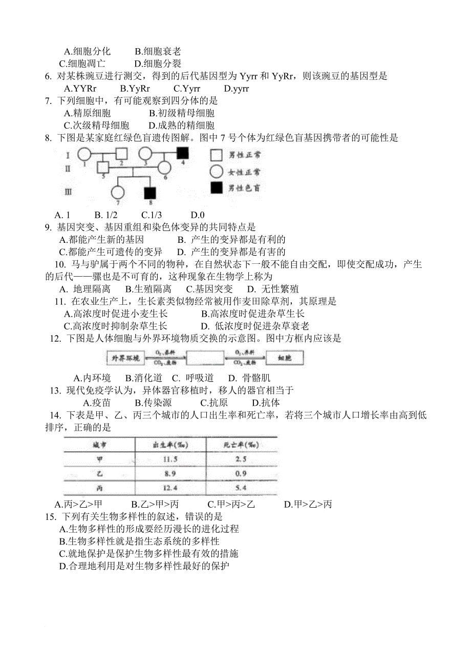 安徽生物高中学业水平测试卷会考真题(11-13年打包)_第5页