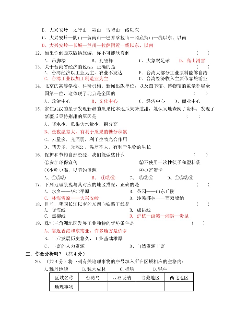 河北省承德市隆化县20062007学年八年级地理第二学期期末考试卷_第2页