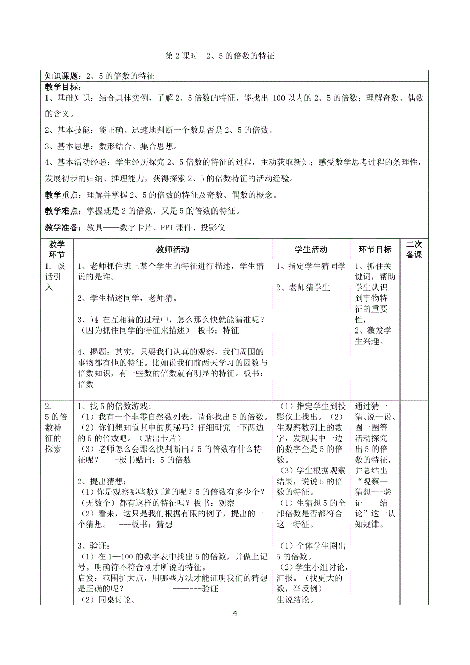 2016秋季新北师大版数学五年级上册3单元《倍数与因数》精编格式教案.doc_第4页