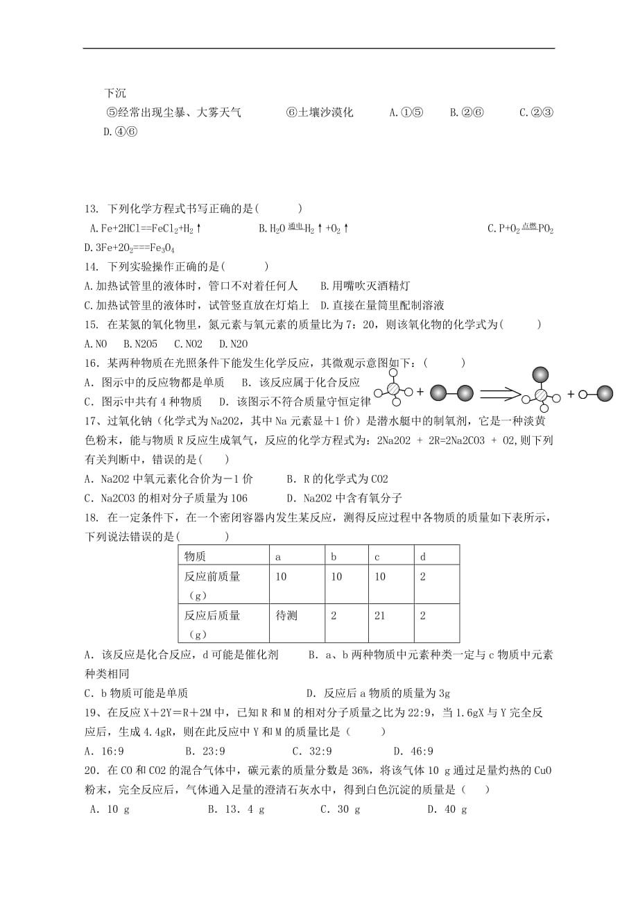 2018年九年级上册化学期末测试卷(有答案).doc_第2页