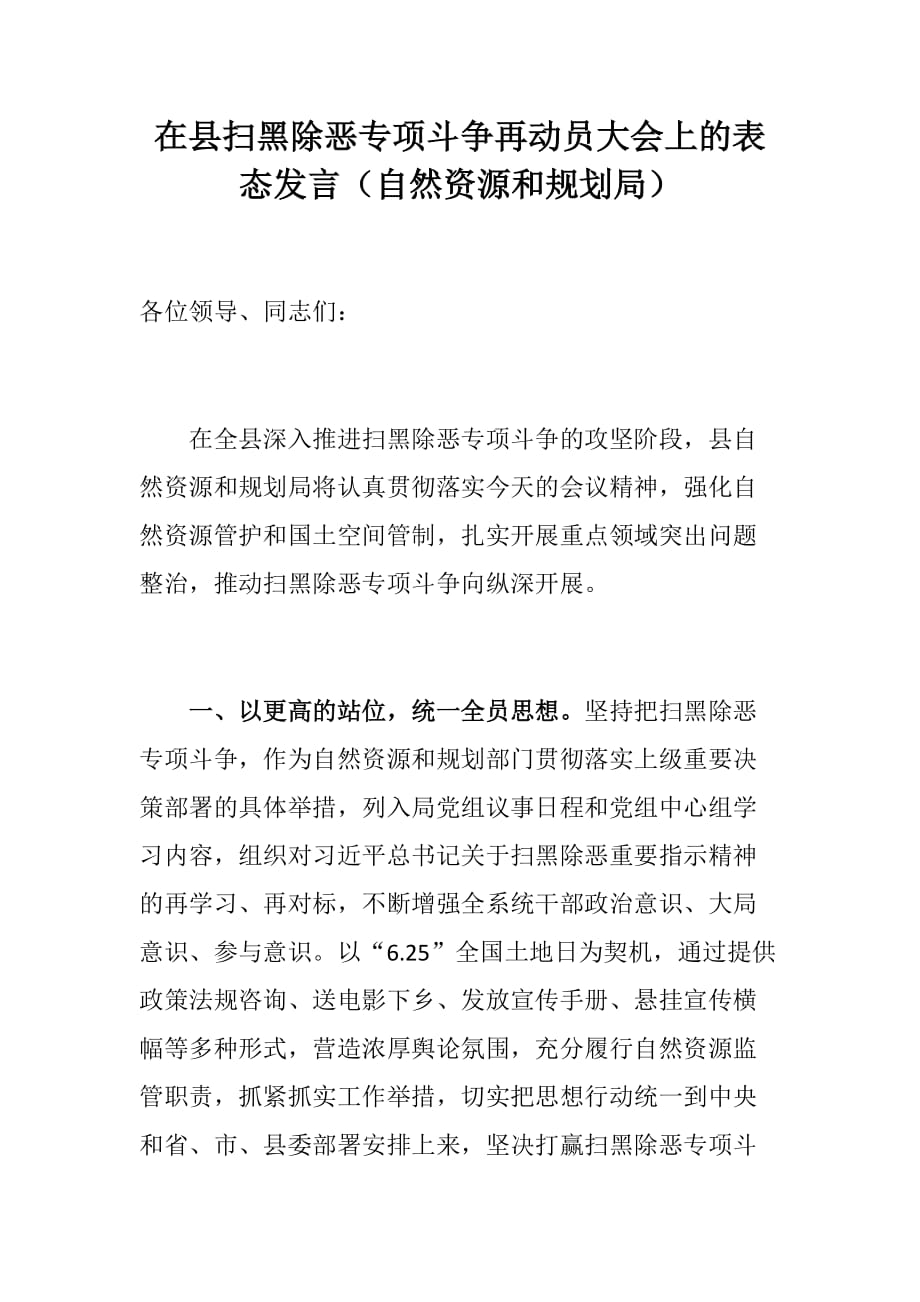 在县扫黑除恶专项斗争再动员大会上的表态发言（自然资源和规划局）_第1页