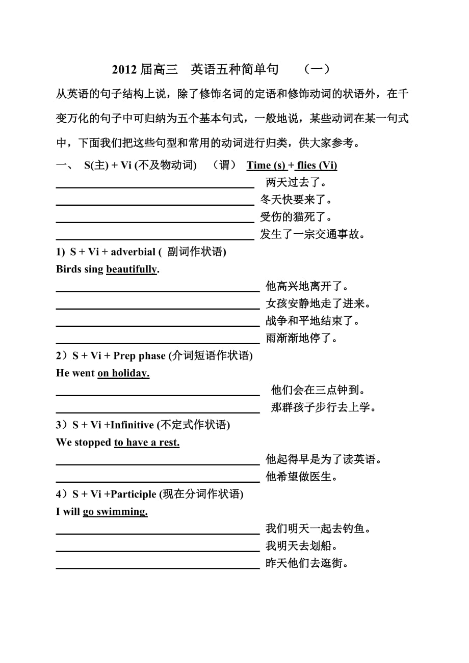 英语五大基本句型详解及练习(配答案).doc_第1页