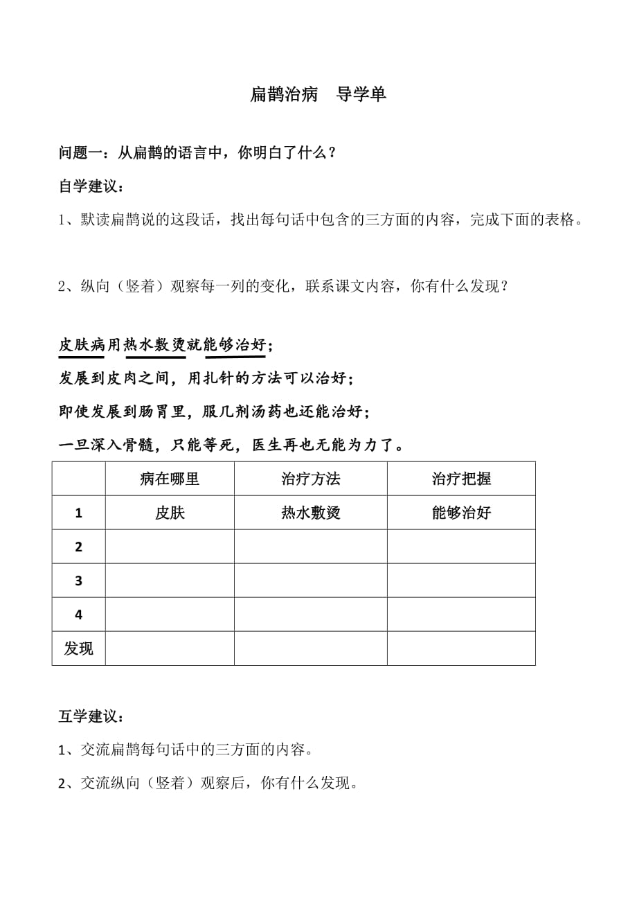 语文人教版四年级下册扁鹊治病 导学单_第1页