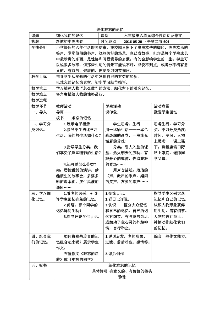 语文人教版六年级下册《细化难忘的记忆》_第1页