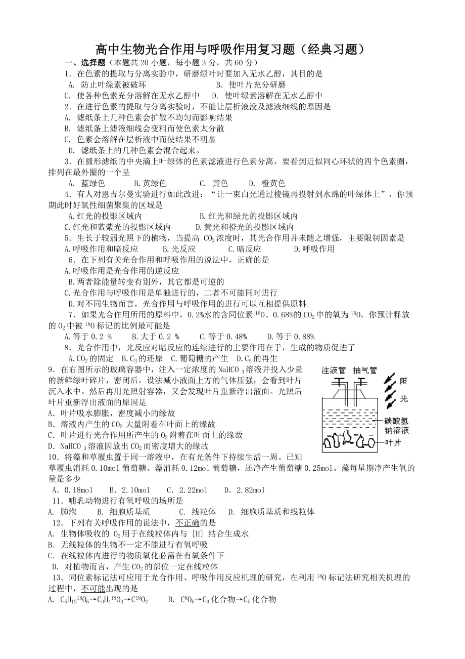 高中生物光合作用与呼吸作用复习题(经典习题).doc_第1页