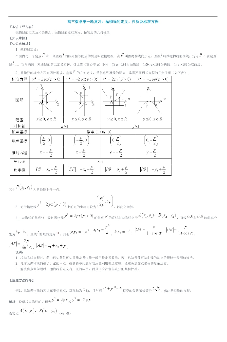 高三数学第一轮复习：抛物线的定义、性质及.doc_第1页