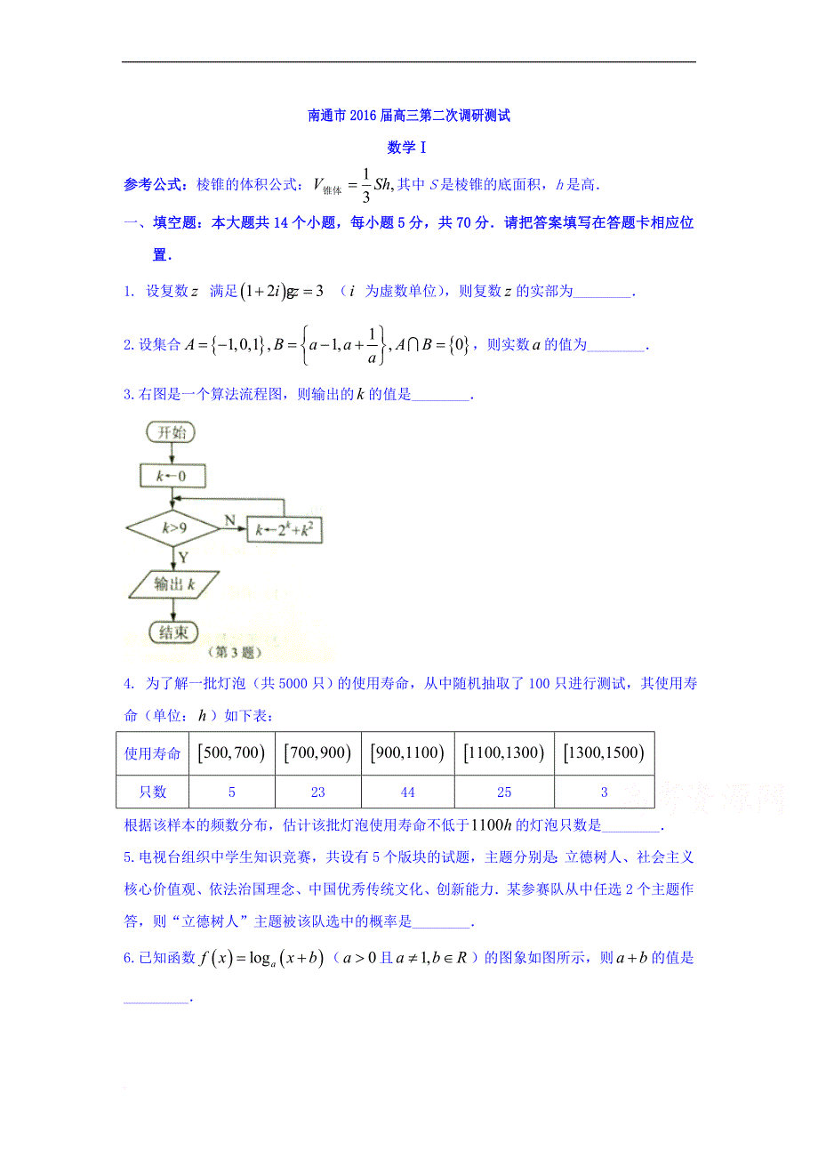 高三数学-南通市、泰州市、淮安市2016届高三下学期第二次调研考试数学试题.doc_第1页