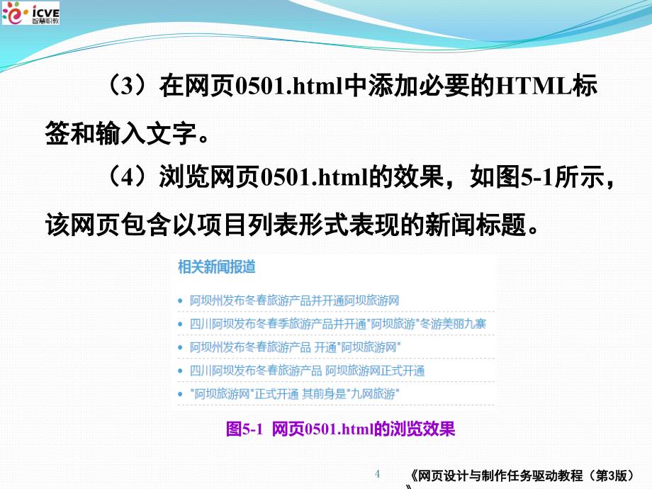 网页设计与制作任务驱动教程全套配套课件第3版陈承欢电子资源0501任务5-1】创建网页以项目列表形式表现新闻标题_第4页