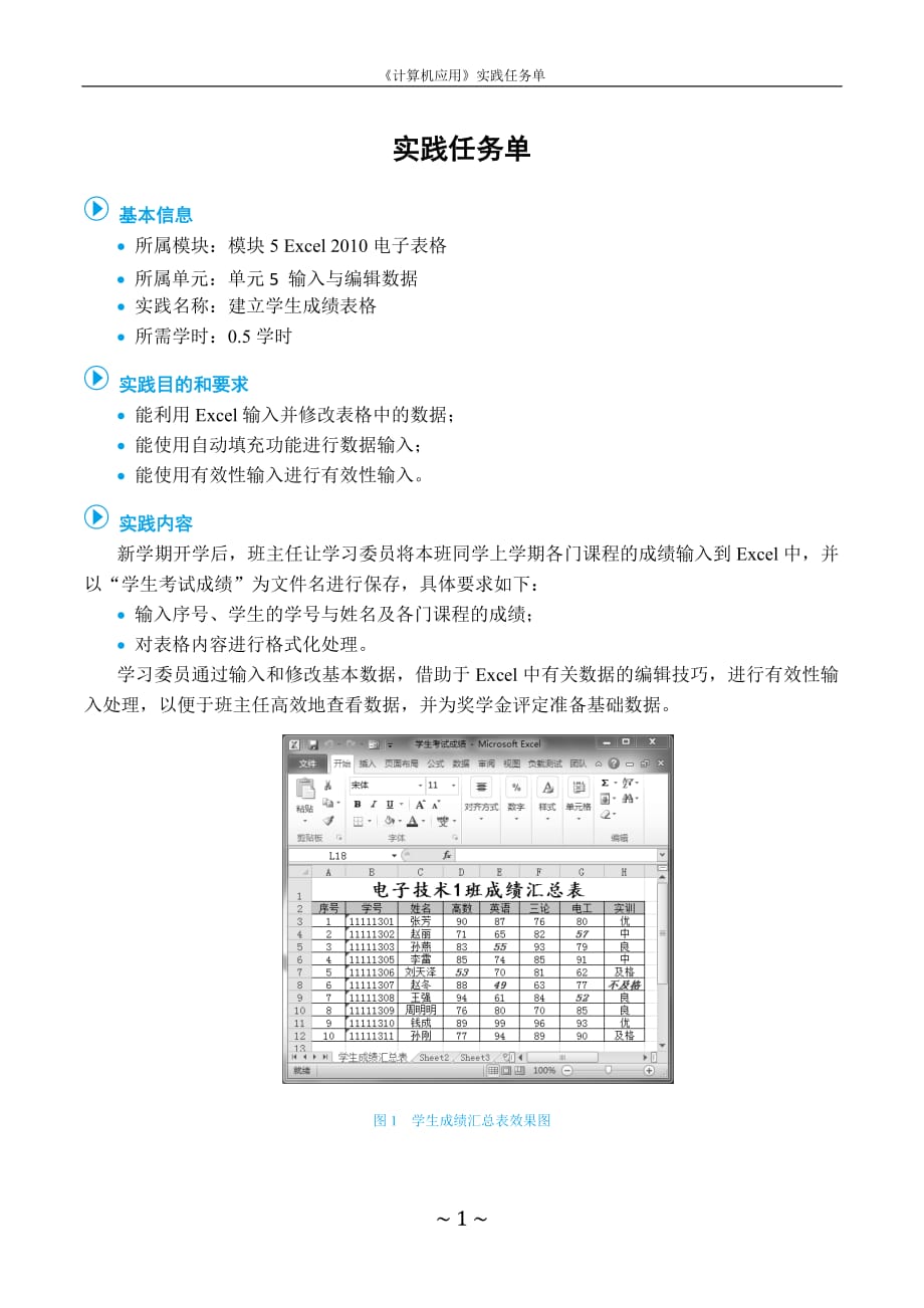 计算机应用基础任务化教学全套课件教程眭碧霞09 实践任务单模块5单元实践 建立学生成绩表格_第1页