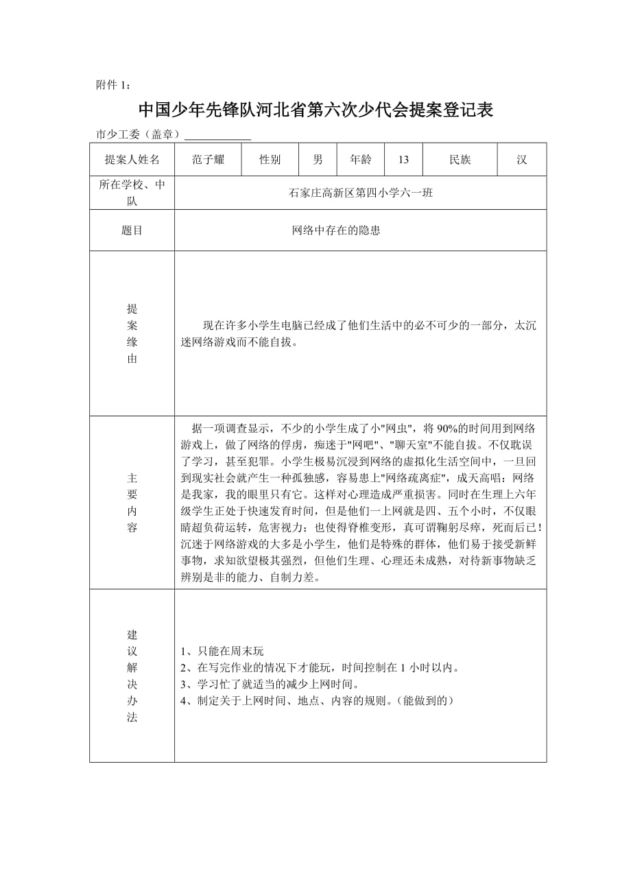 河北省少先队六一班第六次少代会少代会提案提案登记表_第1页