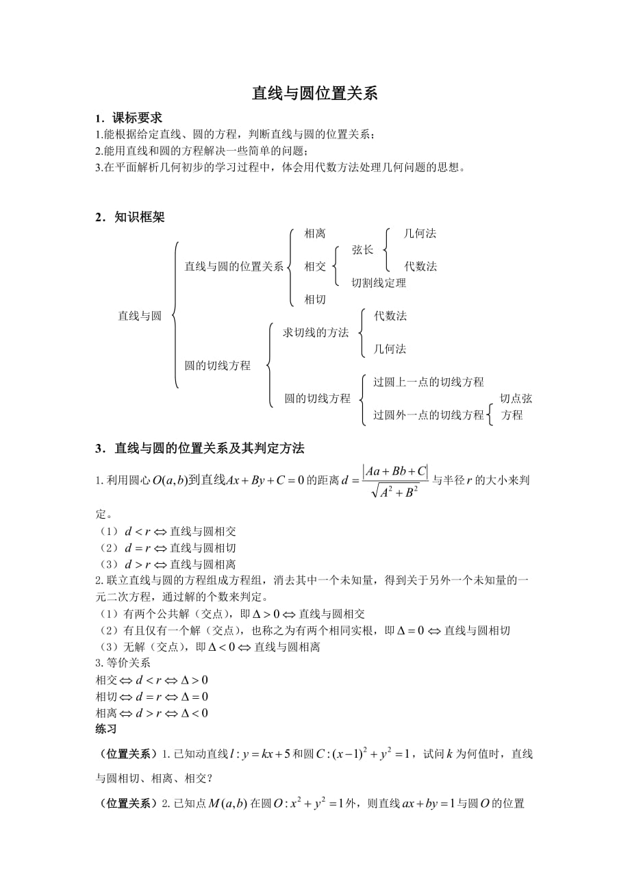 直线与圆位置关系知识点与经典例题.doc_第1页