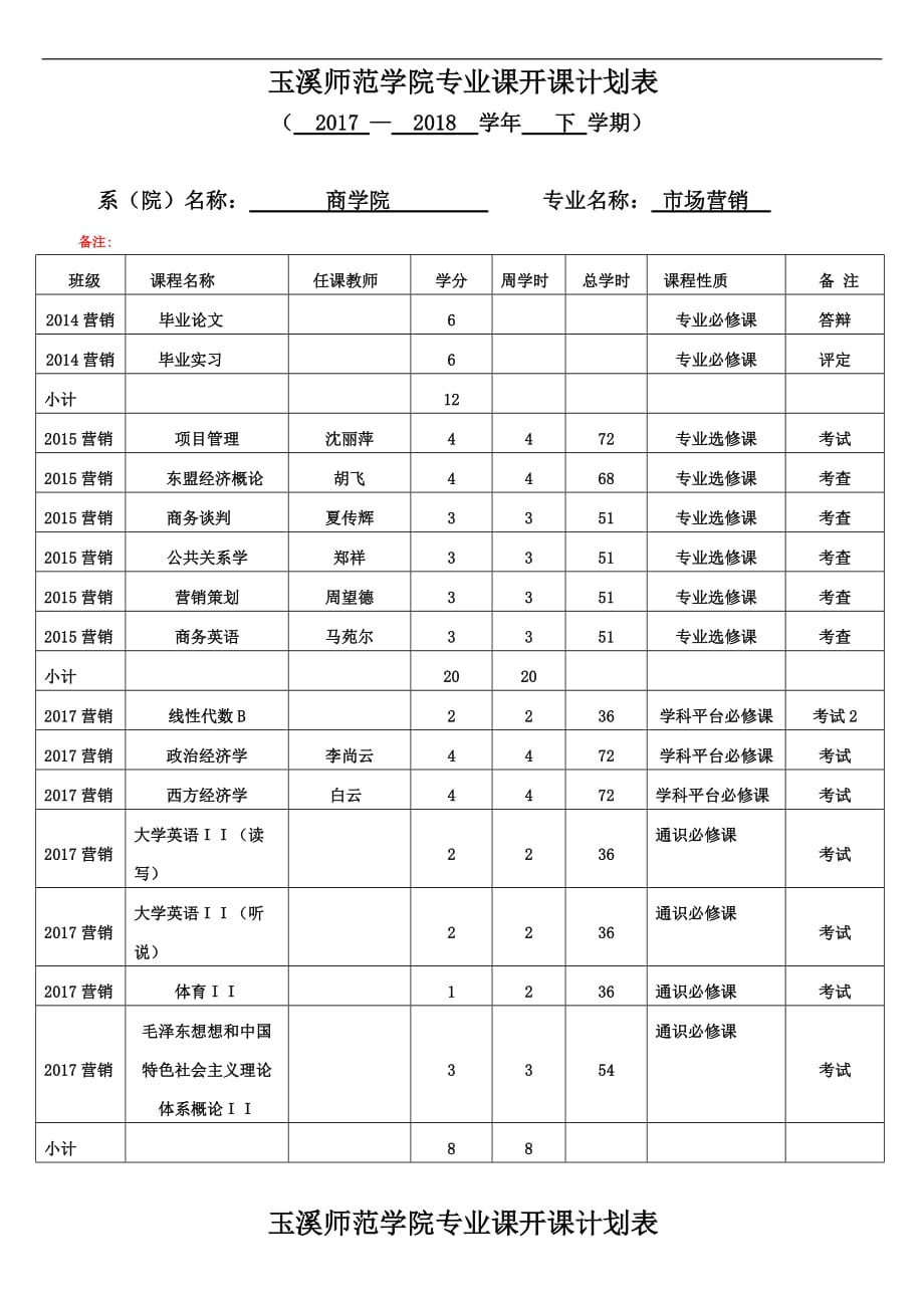 玉溪师范学院专业课开课计划表.doc_第4页