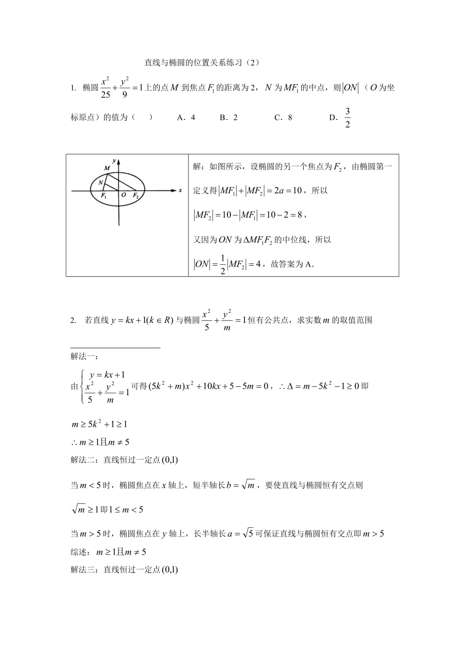 直线与椭圆的位置关系练习题目与答案.doc_第1页