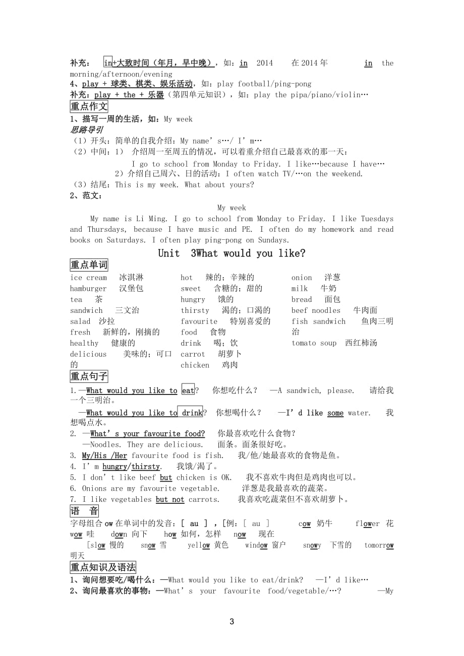 最新新人教版PEP五年级英语上册各单元知识点总结_第3页