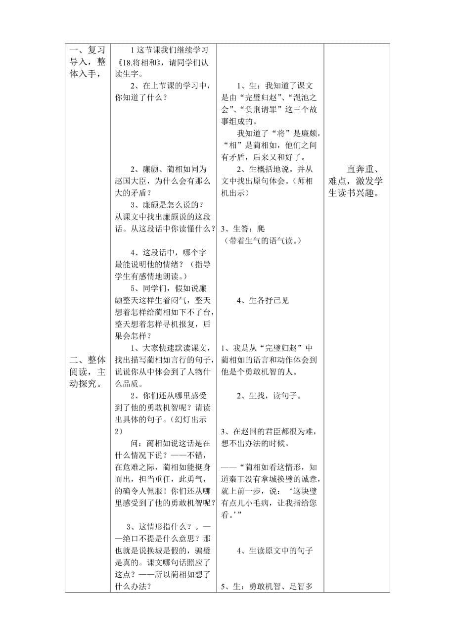 语文人教版五年级下册《将相和》表格式教案第一、二学时_第5页