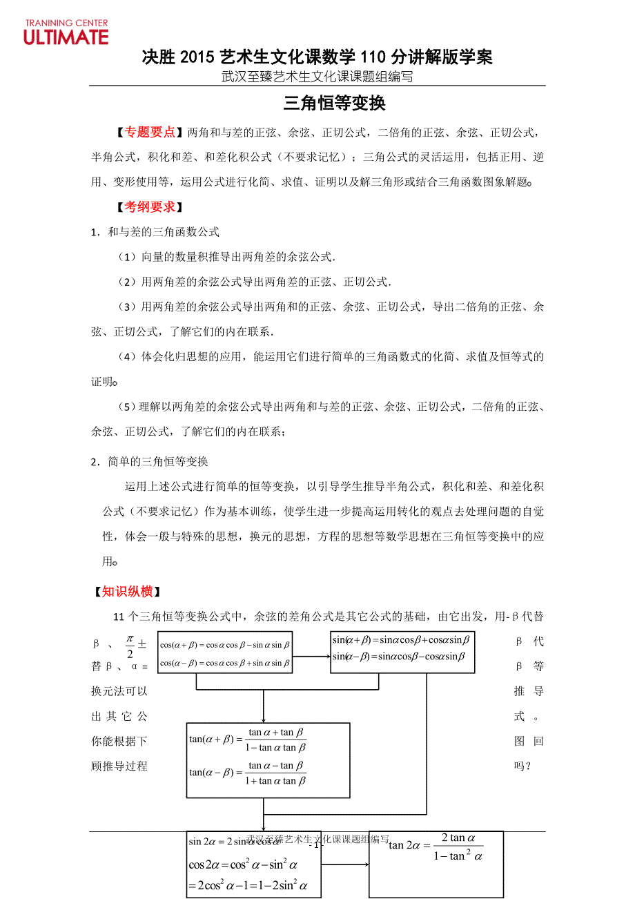 决胜2015!武汉艺术生文化课数学110分讲解版学案-(10)三角恒等变换_第1页