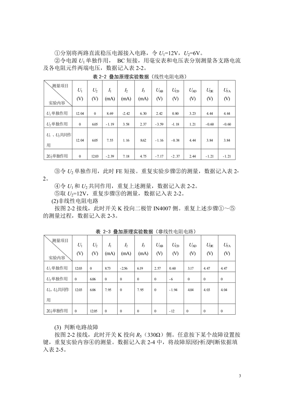 实验二-基尔霍夫定律和叠加原理的验证(实验报告答案).doc_第3页