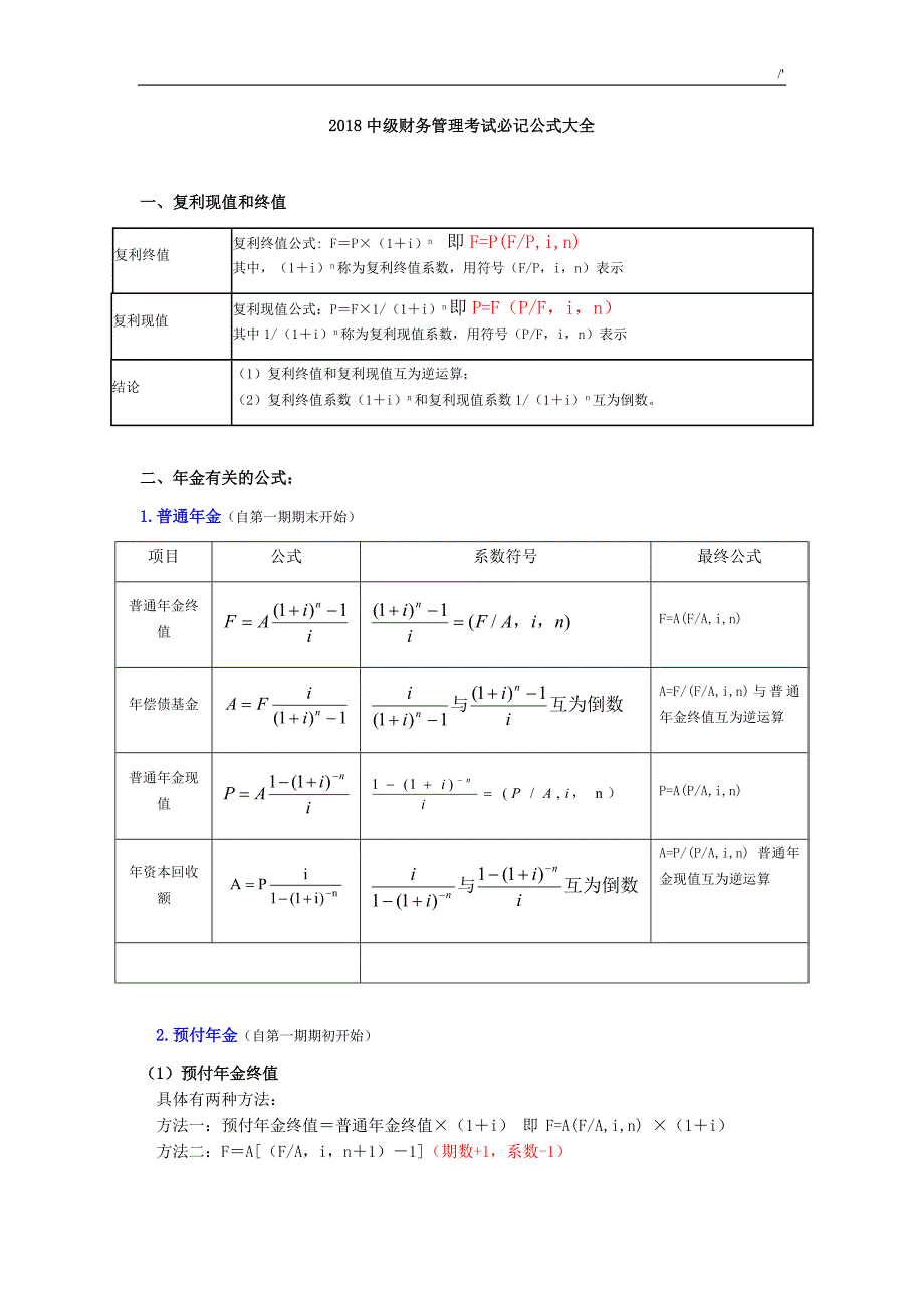 2018年度中级财务管理计划考试-必记定律公式资料大全_第1页