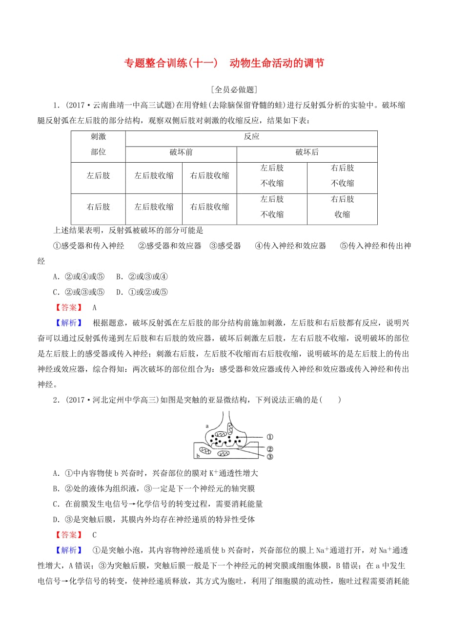 2018年高考生物二轮专题总复习 专题整合训练：（十一）动物生命活动的调节（含答案）_第1页