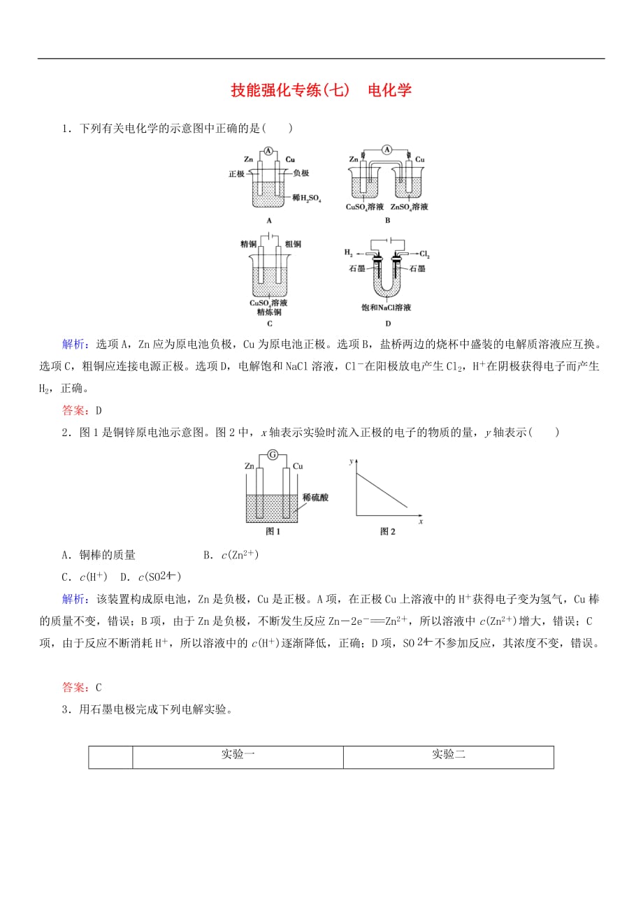 2019年高考化学二轮复习技能强化专练七电化学（含答案）_第1页