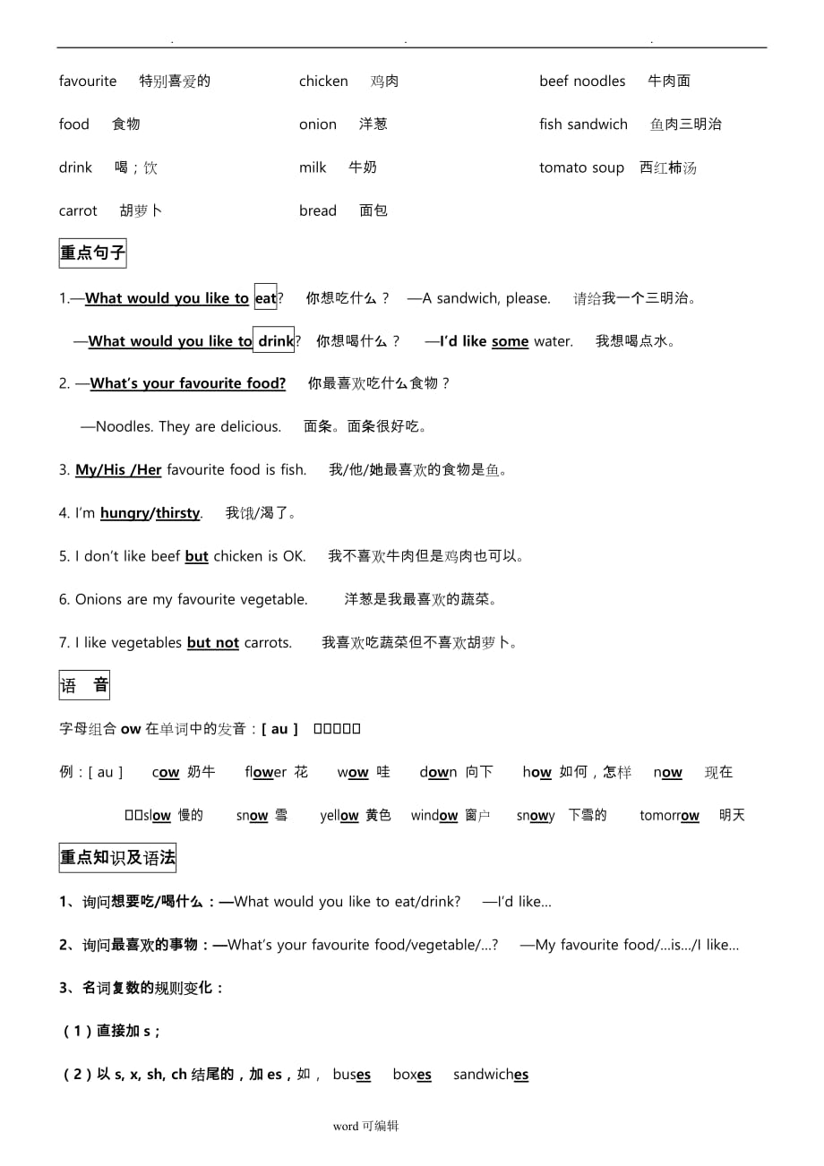 2017新人教版PEP五年级英语上册各单元知识点总结_第4页