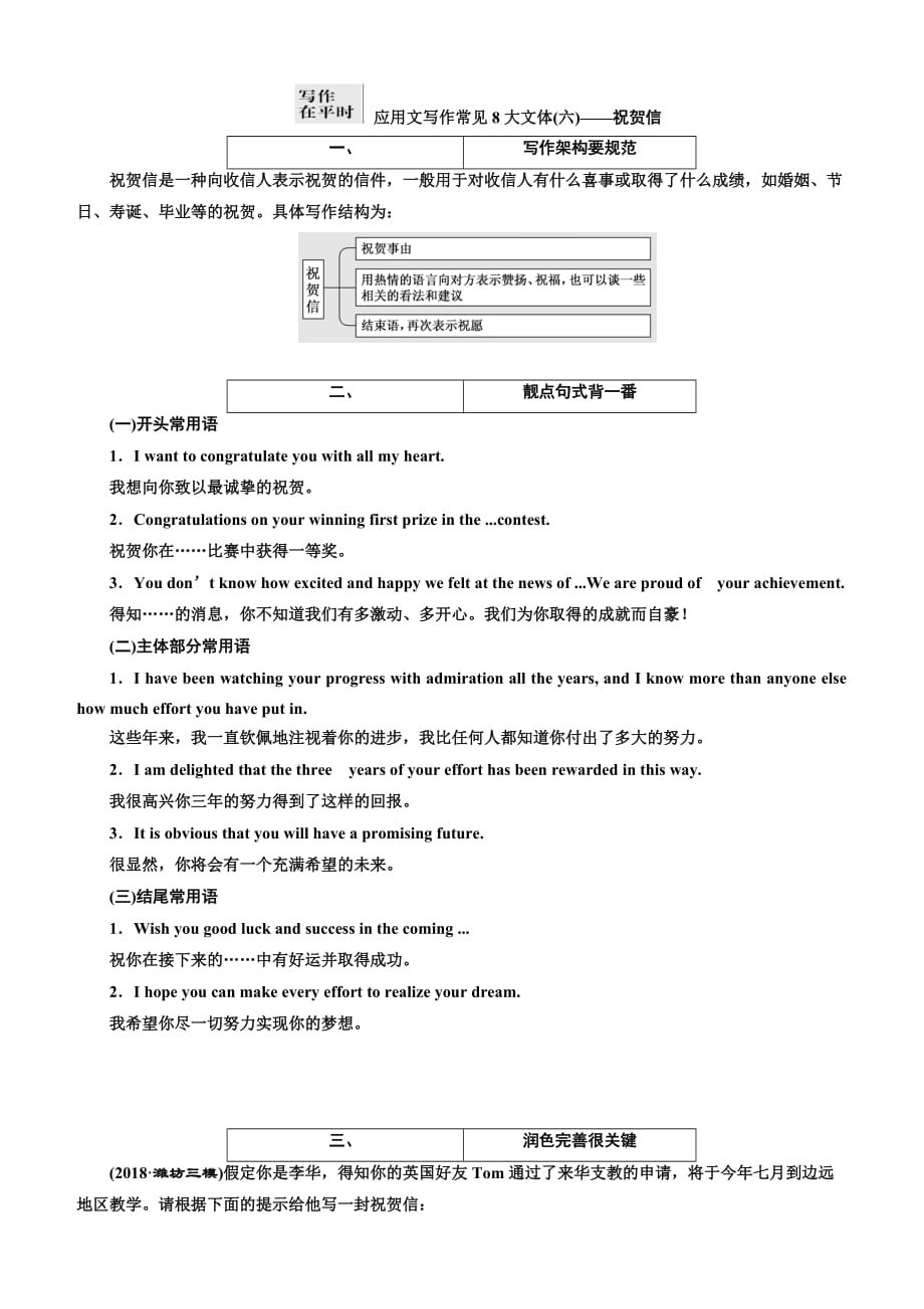 2019版高考英语二轮复习练酷版练习：专题六 应用文写作常见8大文体（六）——祝贺信（含解析）_第1页