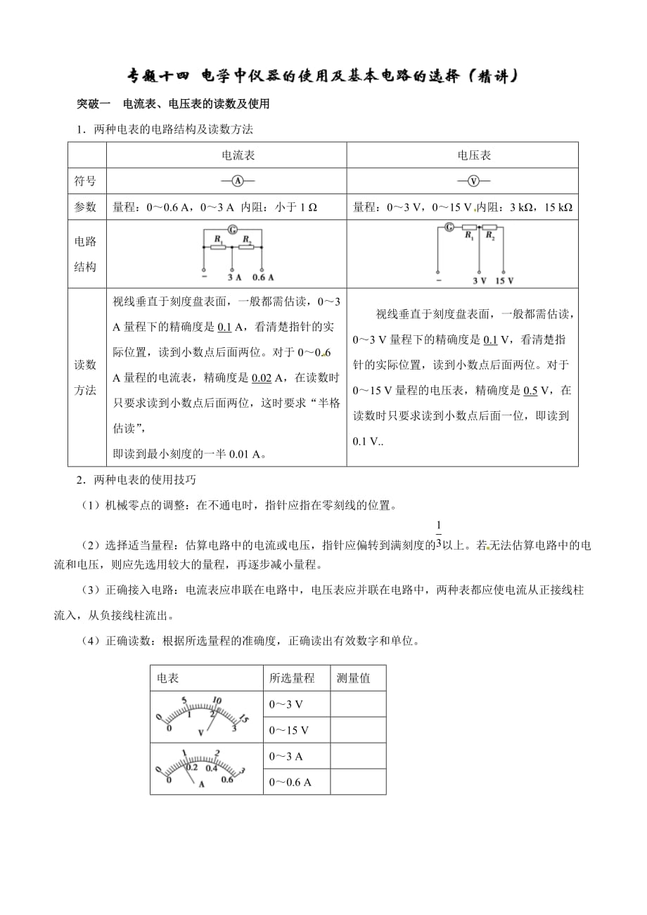 2019年高考物理双基突破：专题14-电学中仪器的使用及基本电路的选择（精讲）（含解析）_第1页