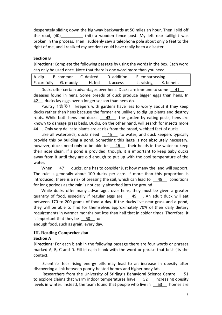 2014届高三英语二轮精品卷：语法填空和完形填空（6）及答案_第2页