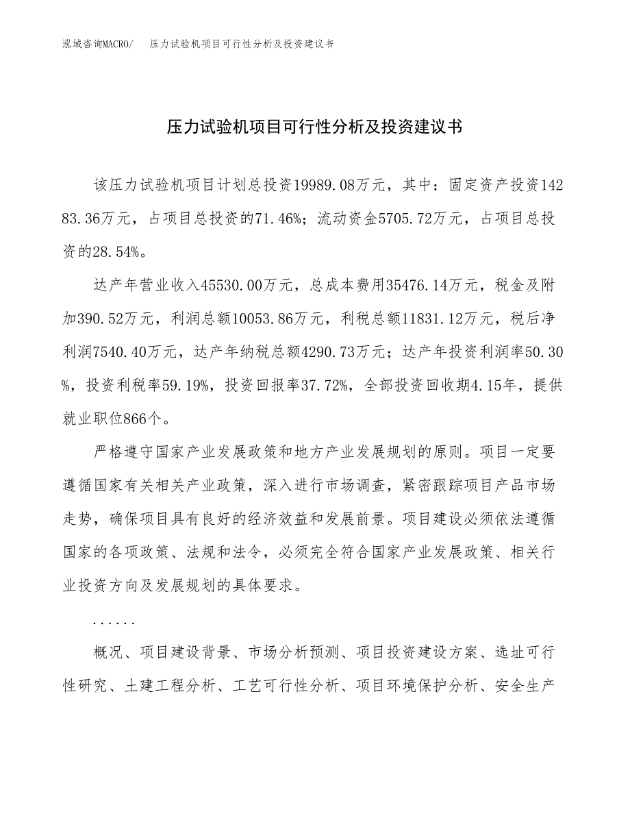 压力试验机项目可行性分析及投资建议书.docx_第1页