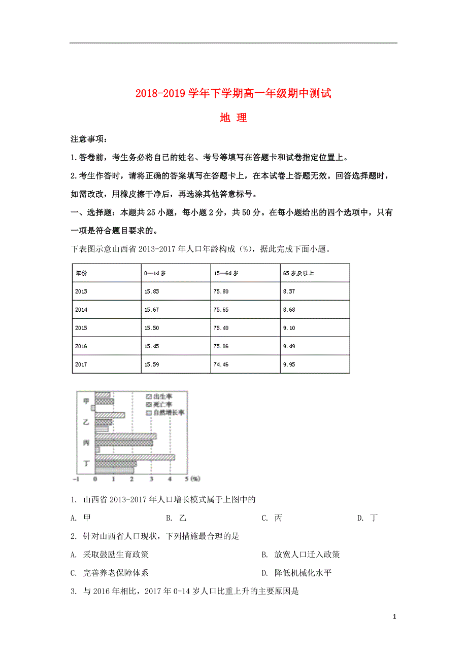 陕西省咸阳市2018_2019学年高一地理下学期期中试题（含解析）_第1页