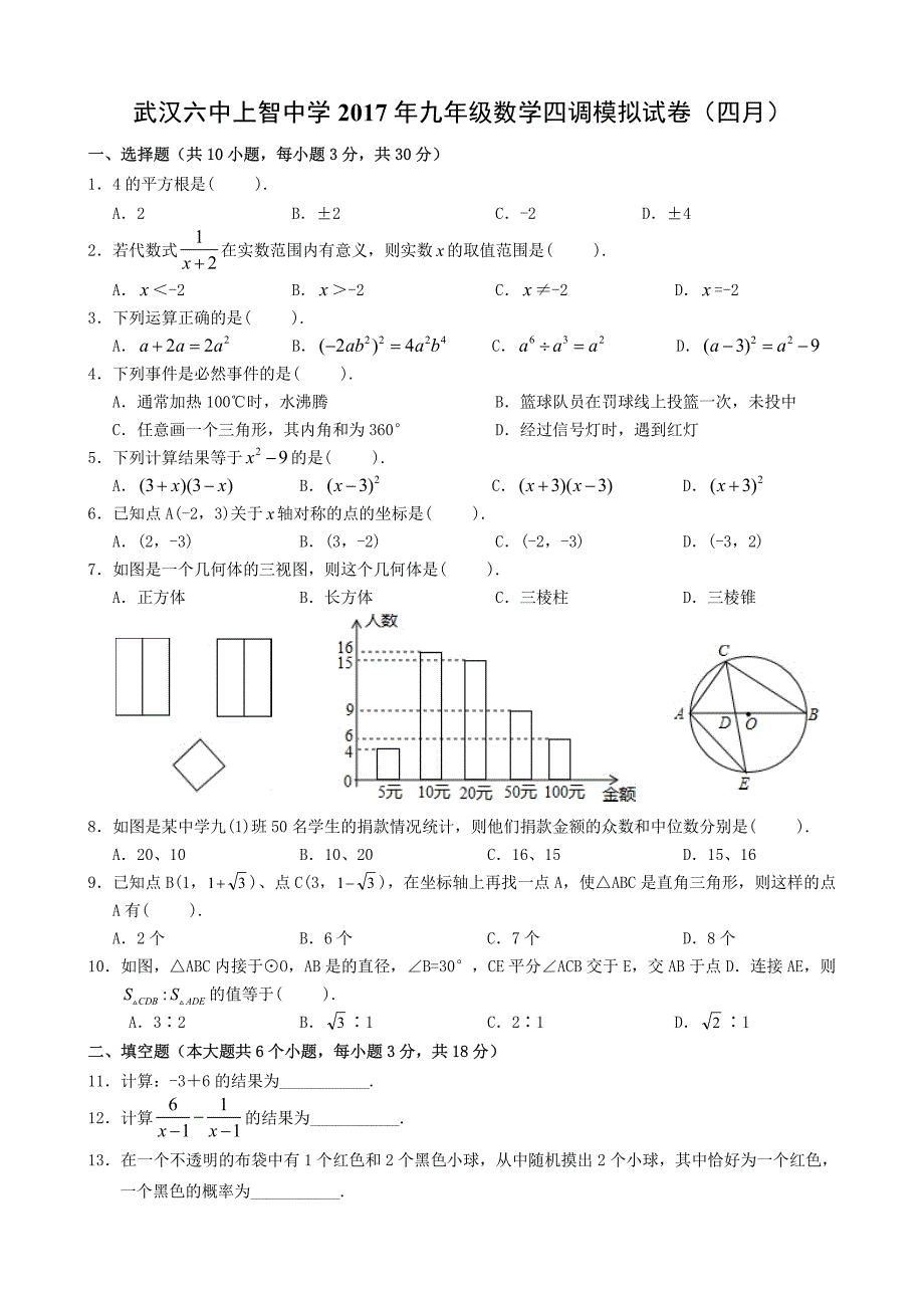 湖北省上智中学2017年九年级数学四调模拟试卷【PDF版无答案】_6244868.pdf_第1页