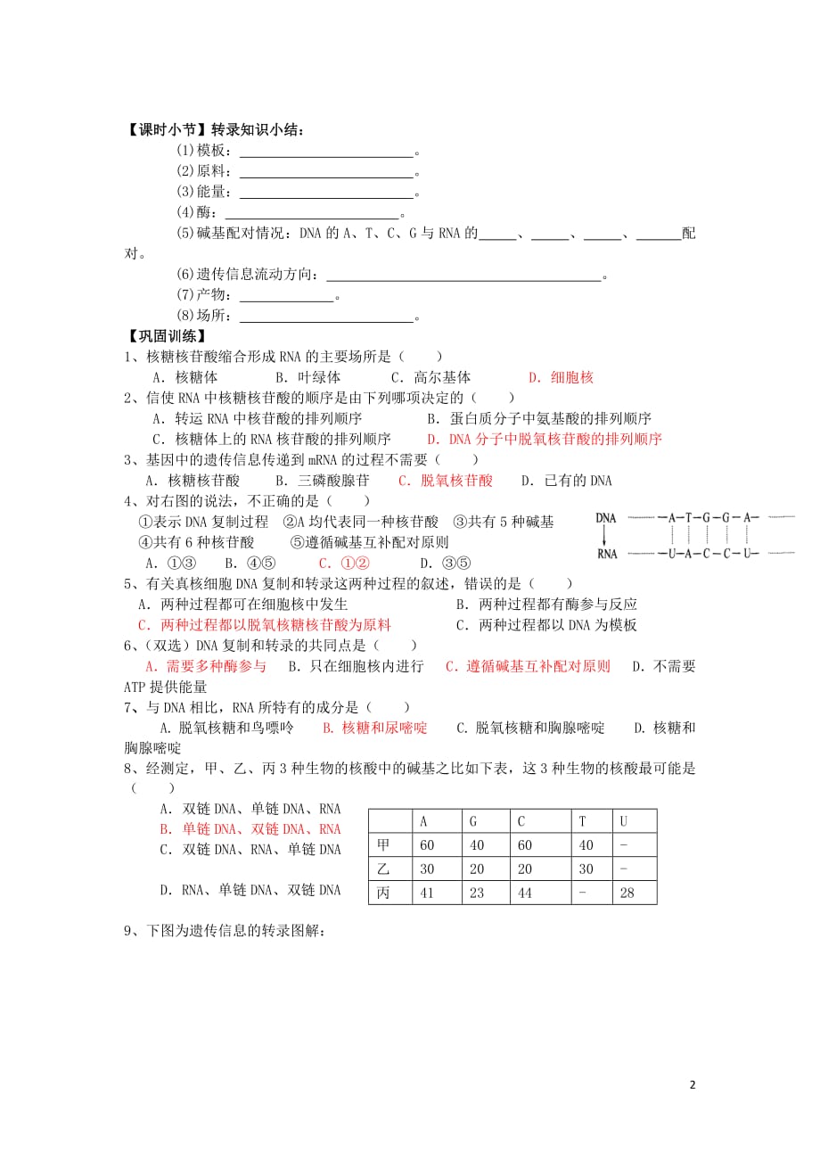 广东省佛山市高中生物第4章基因的表达第1节基因指导蛋白质的合成（1）学案新人教版必修2_第2页