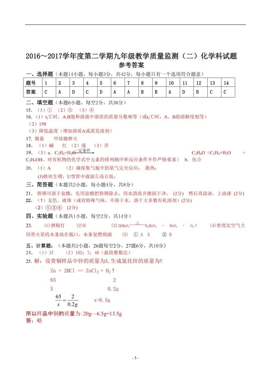 海南省海口六中2016~2017学年度第二学期九年级教学质量监测（二）化学科试题_6301659.doc_第5页