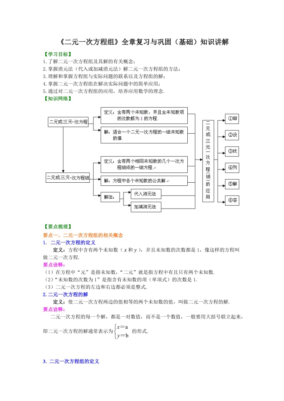 人教版初一数学 《二元一次方程组》全章复习与巩固(基础)知识讲解_第1页