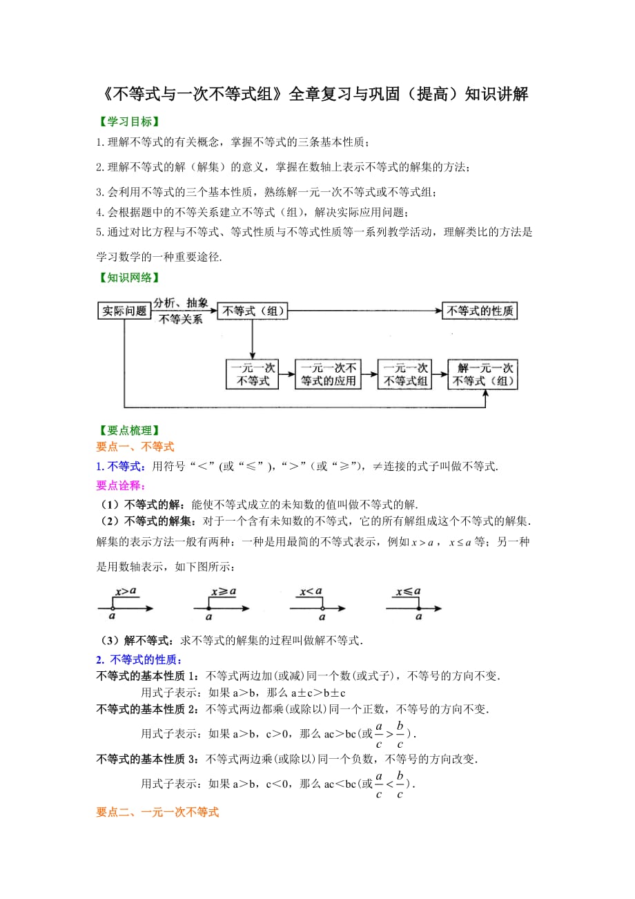 人教版初一数学 《不等式与一次不等式组》全章复习与巩固(提高)知识讲解_第1页