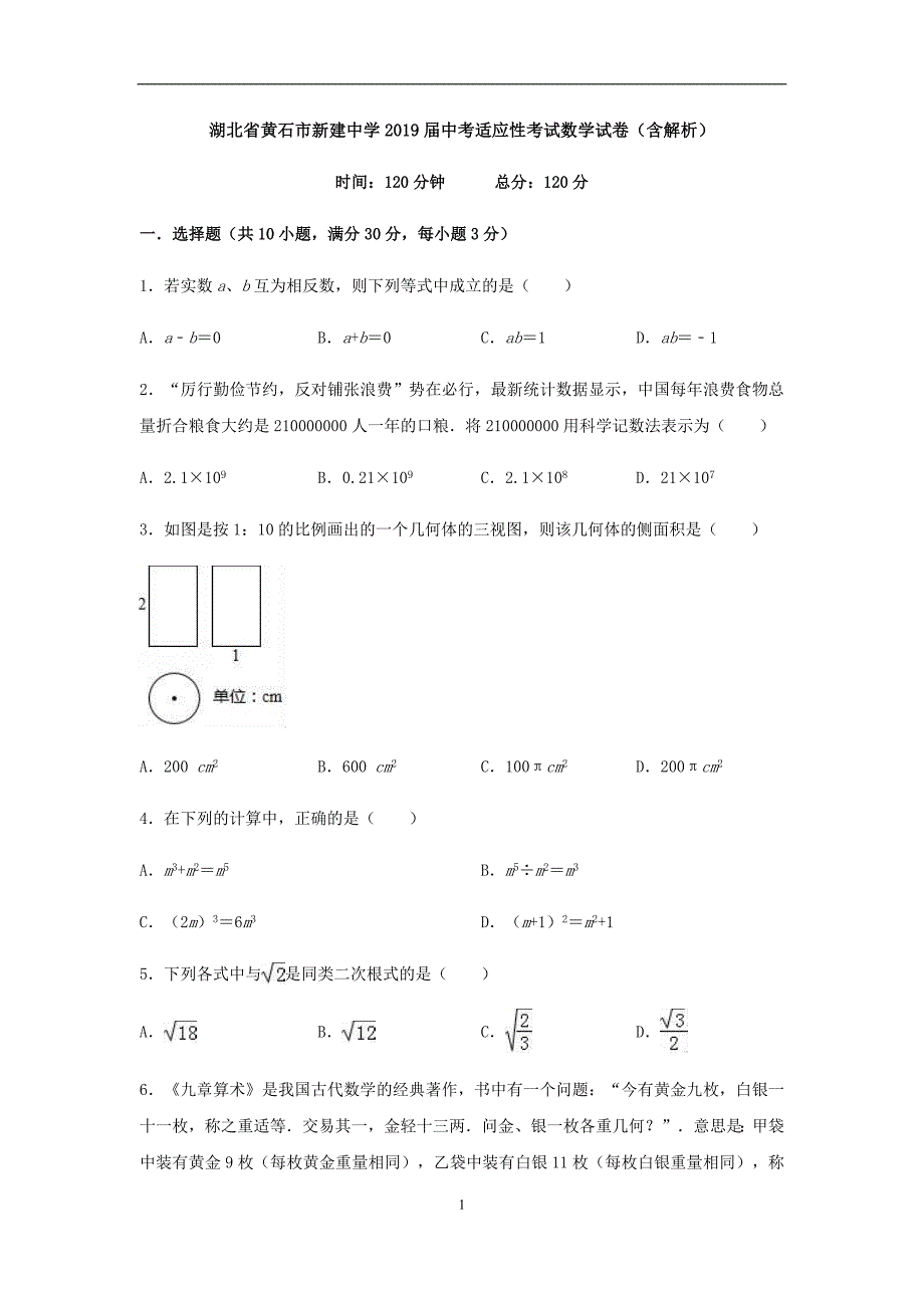 湖北省黄石市新建中学2019届中考适应性考试数学试卷（含解析）_10465332.docx_第1页